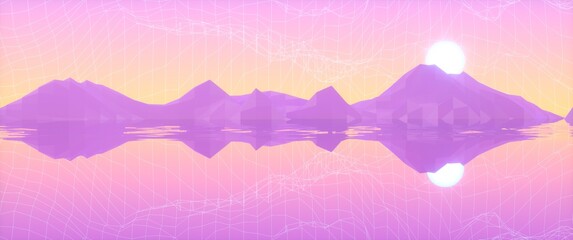 Abstract image of the reflection of mountains and the sun in the sea 3D image