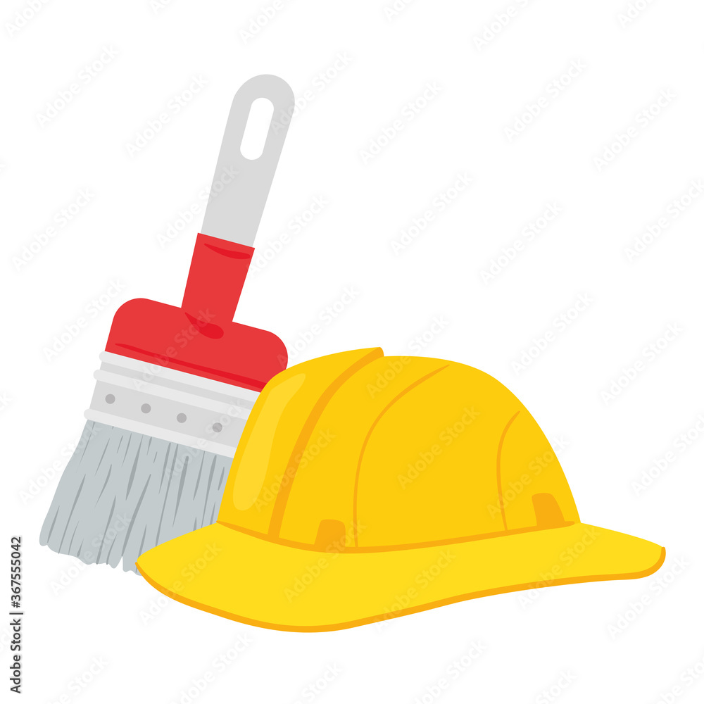 Sticker yellow helmet of safety with paint brush, on white background vector illustration design