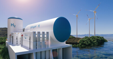 Hydrogen renewable energy production - hydrogen gas for clean electricity solar and windturbine...