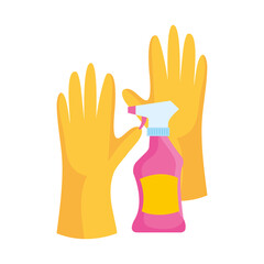 rubber cleaning gloves with cleaning spray, on white background vector illustration design