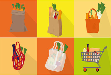 Set of grocery bags icons. Shopping carts and shopping baskets - Vector