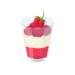 Dessert with raspberries in a glass. Raspberry jelly, whipped cream and berries. Vector illustration.