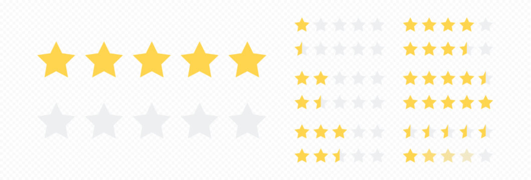 Vector illustration of Gold five star rating icon set on transparent background. Illustration flat icon with lighted yellow golden and grey stars for reviews, feedbacks products and services