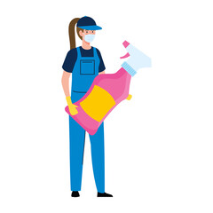woman worker of cleaning service wearing medical mask, with cleaning spray, on white background vector illustration design