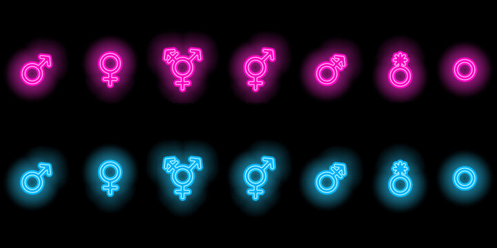 Set of gender symbols, neon blue and pink. Glowing signs. Vector illustration.