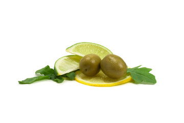 Two olives, piece of lemon and leaves of arugula isolated on white