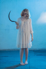 scary girl in white dress from horror film in  room