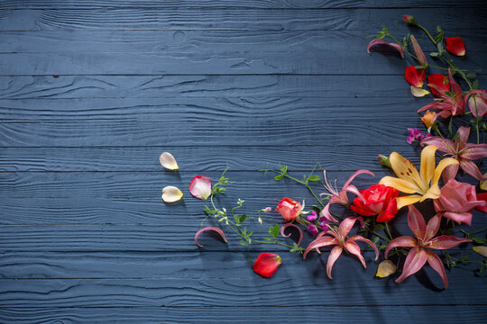 beautiful summer flowers on dark blue wooden background