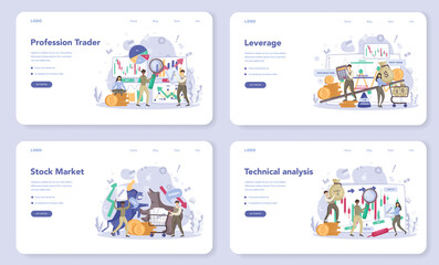 Trader, financial investment web banner or landing page set. Stock