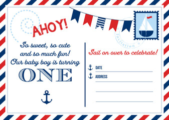 One Year Birthday Vector Invitation Card	Marine Design