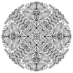 mandala with flowers and leaves of folk style drawn on a white background for coloring book, vector