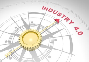 Abstract compass points to the industry four point zero text. 3D rendering