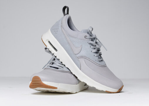 london, uk 05/08/2018 Nike Air Max thea Cool Grey Sail Metallic Pewter running trainers. Nike air contemporary sneaker trainers. Nike sport and street wear fashionable athletic apparel. 