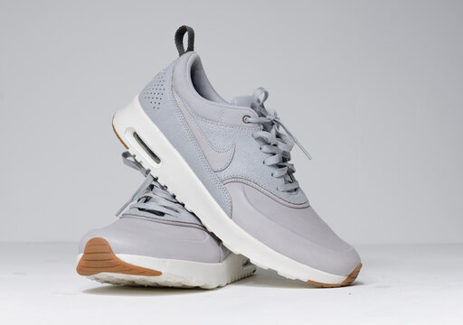 london, uk 05/08/2018 Nike Air Max thea Cool Grey Sail Metallic Pewter running trainers. Nike air contemporary sneaker trainers. Nike sport and street wear fashionable athletic apparel. 