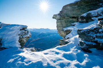 Winter landscape of snow mountain against blue sky in South island, New Zealand.