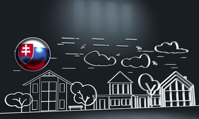 Row of different houses along the street. Home house in thin line design style. Street of large suburban homes. Family modern house. real estate concept. Flag of the Slovakia. 3D rendering