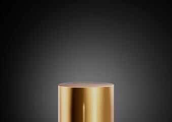 Golden or gold product display or showcase pedestal on simple background with cylinder stand concept. Golden studio podium or platform product template. 3D rendering


