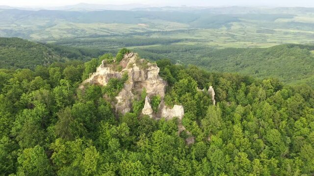 Aerial view of medieval fortress, Cetatea Ciceului near Dej, Romania.
