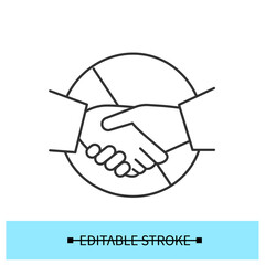 No handshakes icon. Covid quarantine hygiene warning linear pictogram. Concept of avoiding contact in office and covid quarantine health safety recommendations. Editable stroke vector illustration