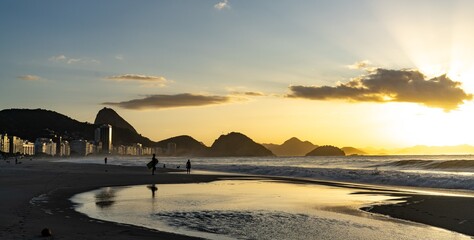 Copacabana beach in Rio de Janeiro with the Sugarloaf mountain on the background at sunset