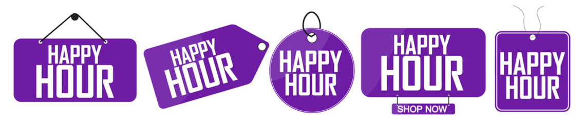 Set Happy Hour banners design template, sale tags, vector illustration
