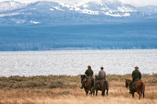 National Park rangers checking things out along Lake Yellowstone;  Yellowstone NP;  Wyoming
