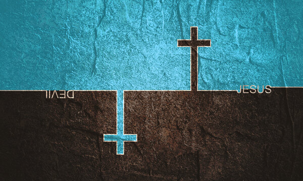 Jesus vs Devil. Confrontation of well and evil. Cross and text. Thin line style