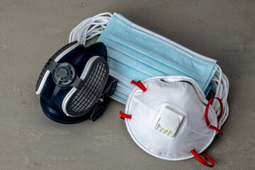 Respirator half mask with medical face mask. Health protection concept