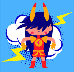 Angry girl. Cute mad teenager dressed like superhero shows her power. Vector illustration in flat character style.