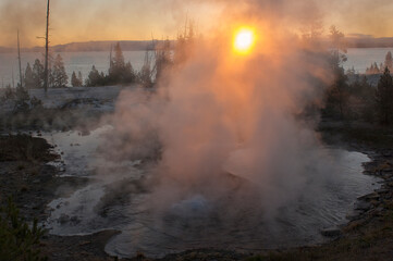 Fototapeta na wymiar Sunrise through the fog at West Thumb Thermal Area; Yellowstone NP; Wyoming