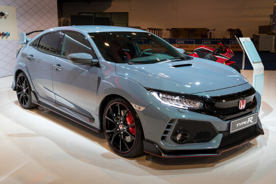 BRUSSELS - JAN 10, 2018: Honda Civic Type R high performance car showcased at the Brussels Motor Show.