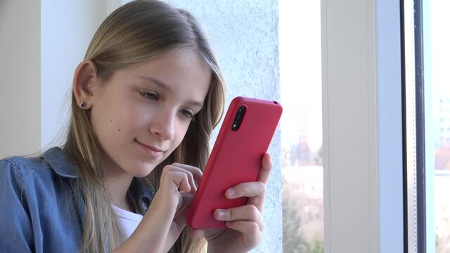 Kid Using Smartphone, Child Browsing Internet, Talking on Smart Phone, Teenager Girl Communicating with Parents, Technology on Device