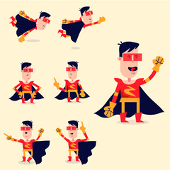 Superhero actions icon set in cartoon colored style different poses vector flat design character

