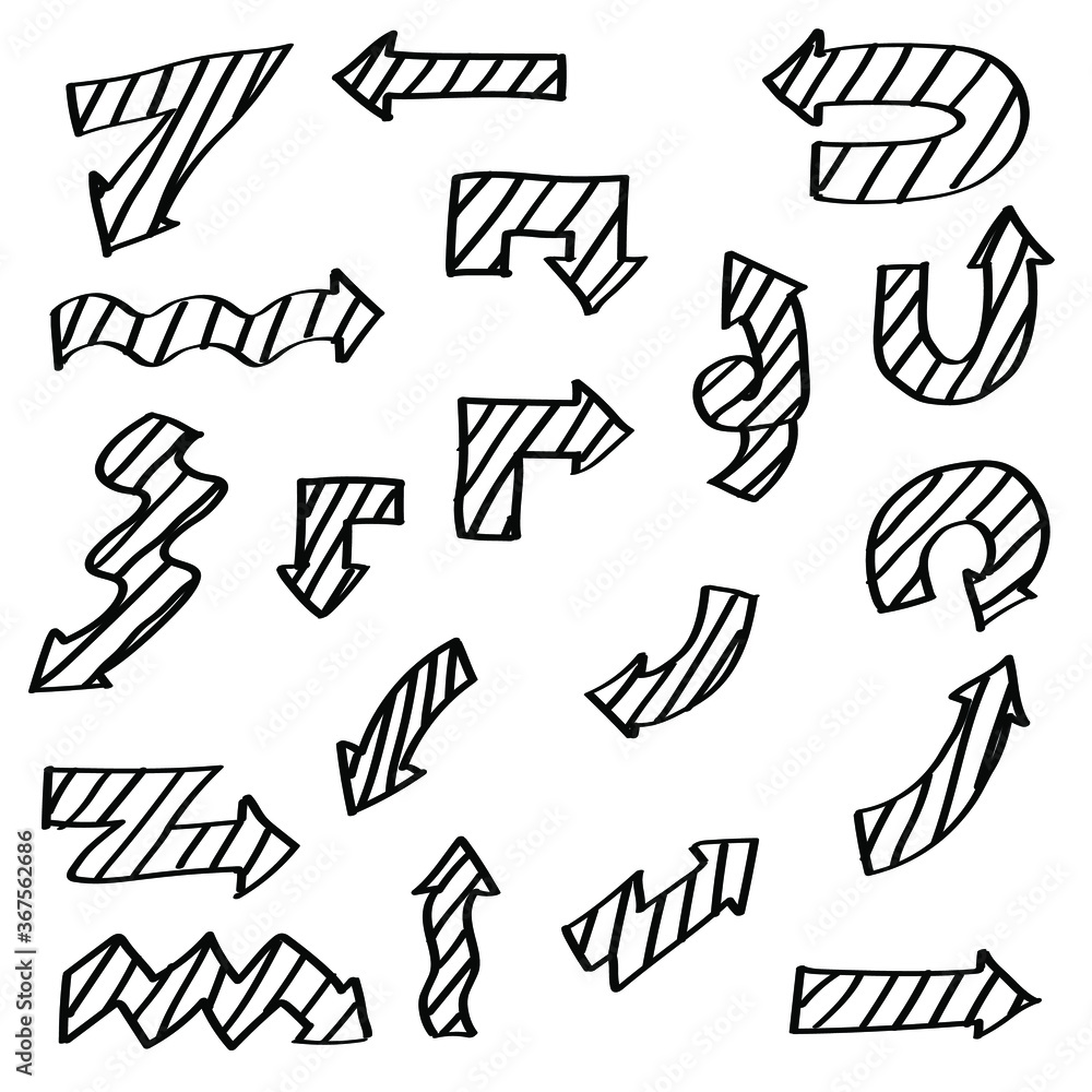 Poster abstract set black collection hand drawn different arrows elements vector design sketch style doodle