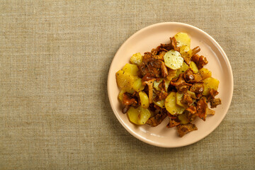Plate with fried potatoes with mushrooms larvae on a linen tablecloth copy space
