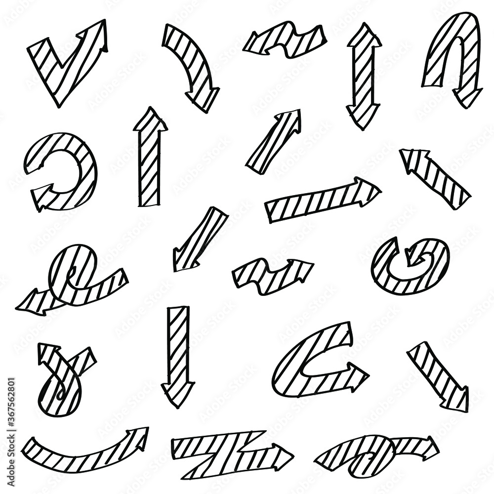 Poster abstract set black collection hand drawn different arrows elements vector design sketch style doodle
