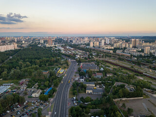 Aerial drone view. Sunset over Kiev.