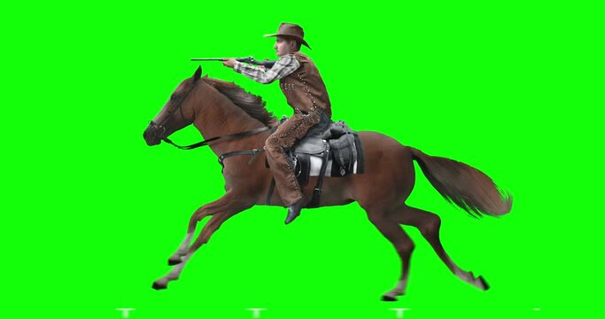 Cowboy with a gun on horseback. Rider galloping on a brown horse. Animation is isolated and cyclic. Green Screen