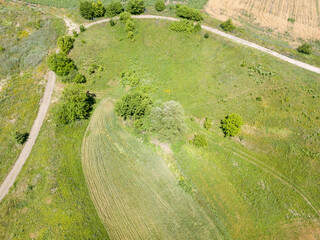 Aerial drone view. Rural fields in Ukraine.