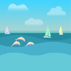 Seascape with waves, sailboats, diving dolphins and floating clouds.