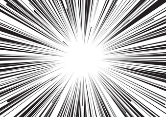 Motion lines background for comic books. Manga speed frame, superhero action, explosion, sunshine background. Black and white vector illustration