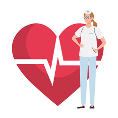 nurse with heart pulse on background vector illustration design