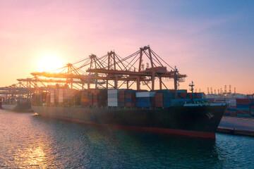 Container , container ship in export and import business and logistics. Shipping cargo to harbor by...