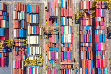 Container , container ship in export and import business and logistics. Shipping cargo to harbor by crane. Water transport International. Aerial view and top view.