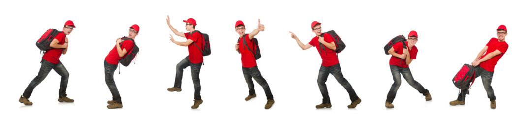 Young traveller with backpack isolated on white