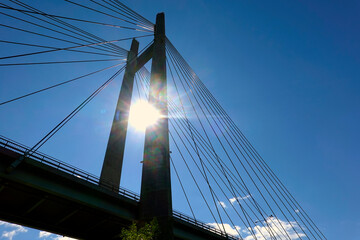 Cable-stayed bridge detail in backlit.