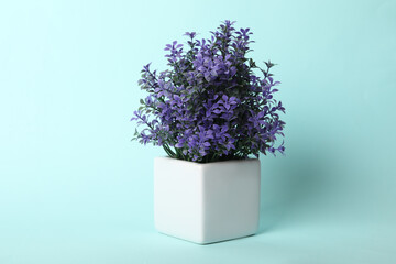 Artificial plant in flower pot on light blue background