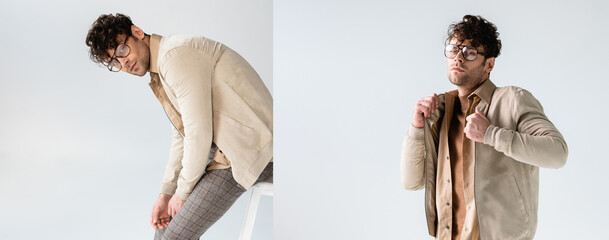 collage of handsome, fashionable man in eyeglasses posing isolated on grey, horizontal image