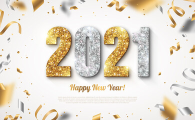 Happy New Year Banner with Gold and Silver 2021 Numbers on Bright Background with Flying Confetti and Streamers. Vector illustration