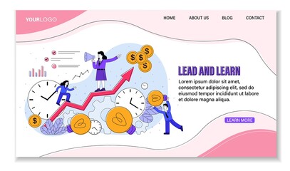 Lead and Learn as a path to success in business showing a man collecting light bulbs and a businesswoman running up an ascending graph with team leader with megaphone and gold coins, vector